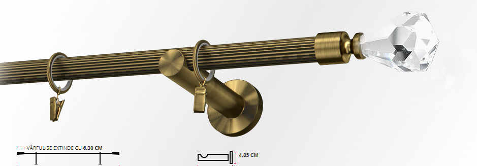 Galerie simpla picior universal striat CRISTAL 19 mm - aur antic
